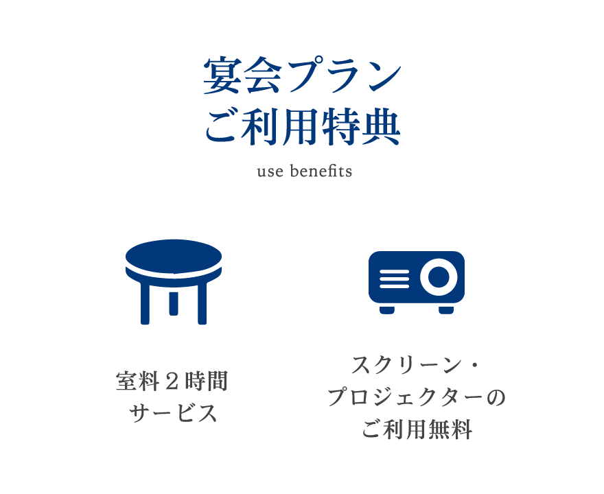 【宴会プランご利用特典】室料2時間サービス／スクリーン・プロジェクターのご利用無料